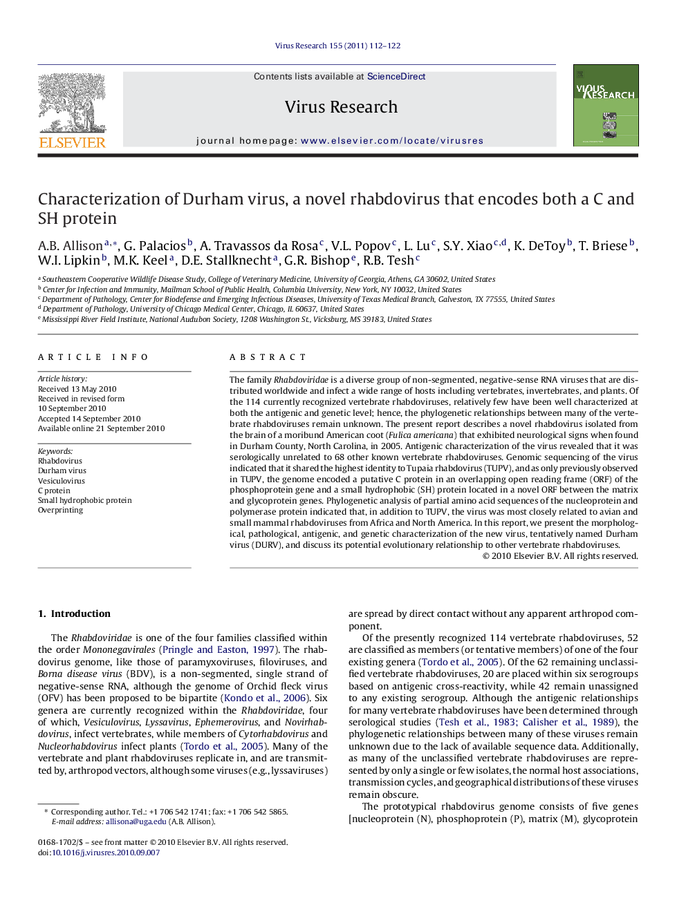 Characterization of Durham virus, a novel rhabdovirus that encodes both a C and SH protein