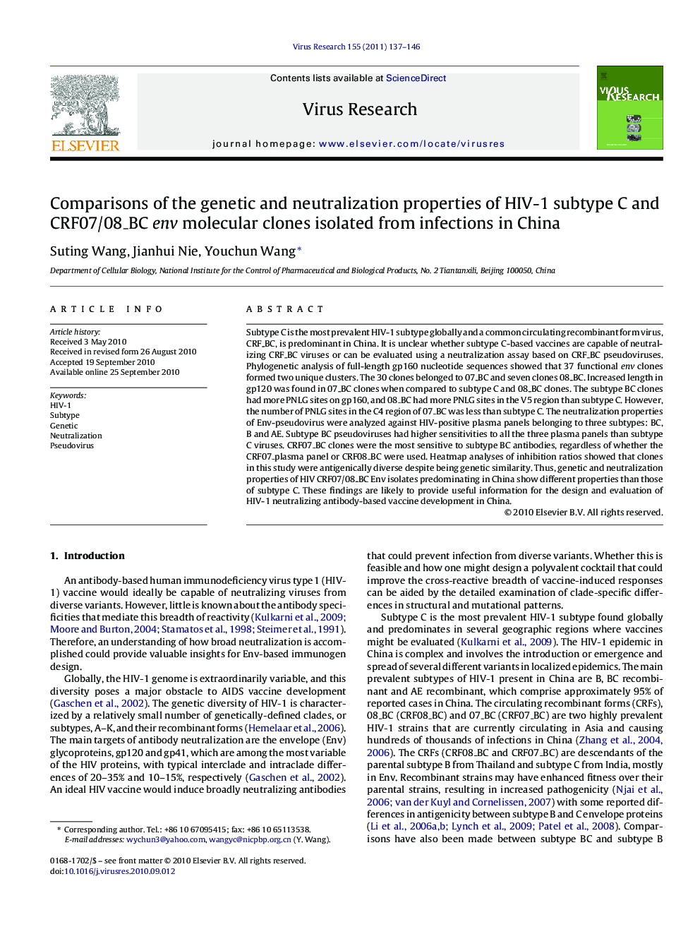 Comparisons of the genetic and neutralization properties of HIV-1 subtype C and CRF07/08_BC env molecular clones isolated from infections in China