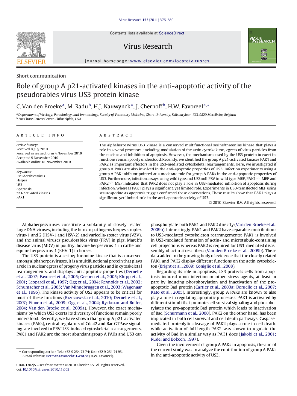 Role of group A p21-activated kinases in the anti-apoptotic activity of the pseudorabies virus US3 protein kinase