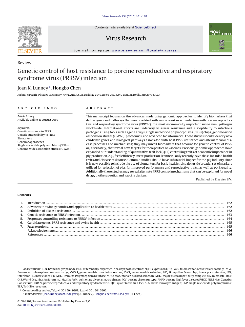 Genetic control of host resistance to porcine reproductive and respiratory syndrome virus (PRRSV) infection