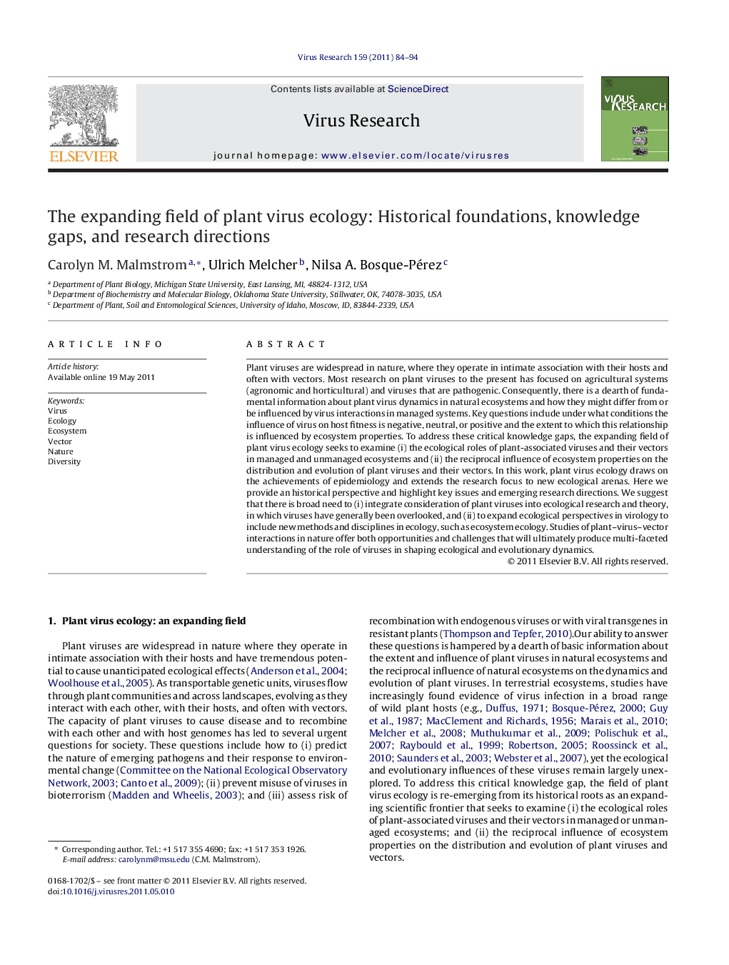 The expanding field of plant virus ecology: Historical foundations, knowledge gaps, and research directions