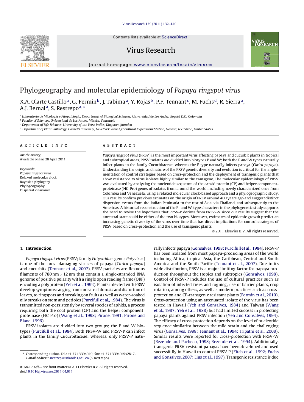 Phylogeography and molecular epidemiology of Papaya ringspot virus