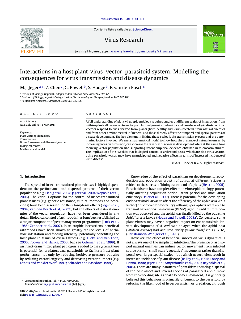 Interactions in a host plant-virus–vector–parasitoid system: Modelling the consequences for virus transmission and disease dynamics