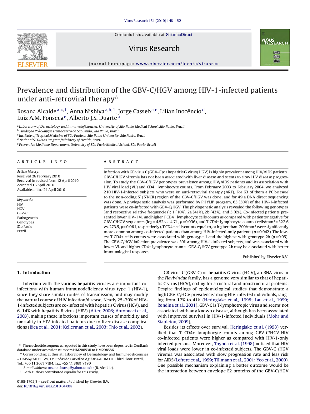 Prevalence and distribution of the GBV-C/HGV among HIV-1-infected patients under anti-retroviral therapy 