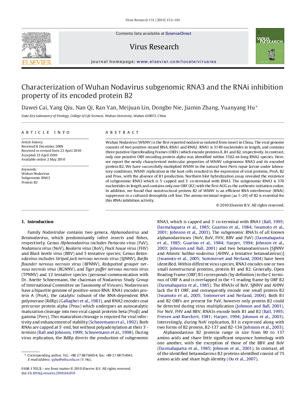 Characterization of Wuhan Nodavirus subgenomic RNA3 and the RNAi inhibition property of its encoded protein B2