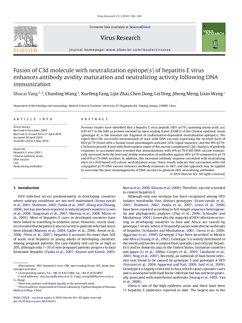 Fusion of C3d molecule with neutralization epitope(s) of hepatitis E virus enhances antibody avidity maturation and neutralizing activity following DNA immunization