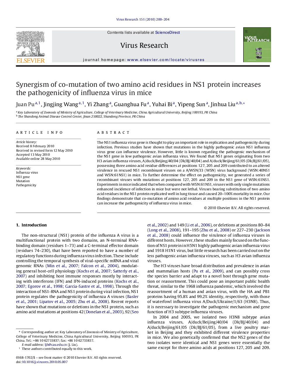 Synergism of co-mutation of two amino acid residues in NS1 protein increases the pathogenicity of influenza virus in mice