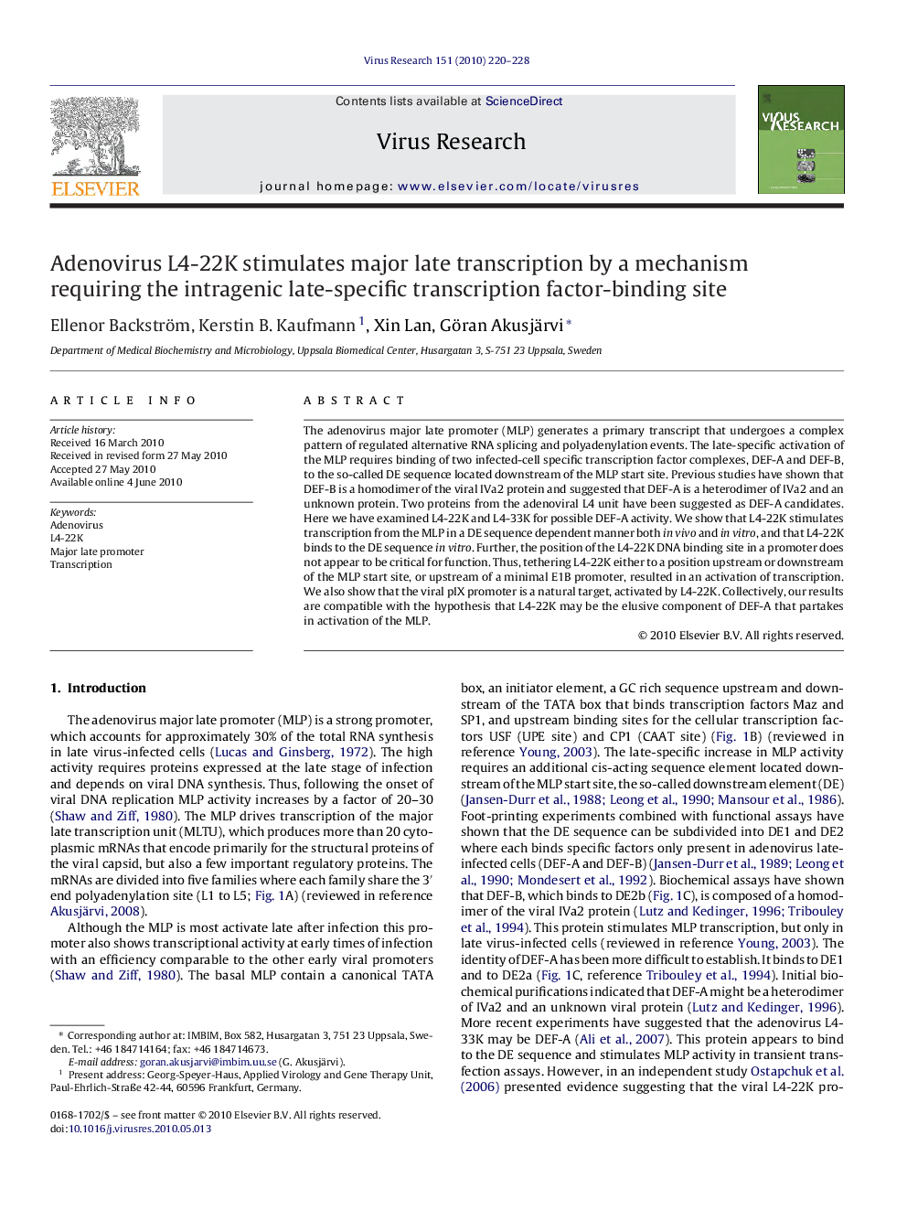 Adenovirus L4-22K stimulates major late transcription by a mechanism requiring the intragenic late-specific transcription factor-binding site