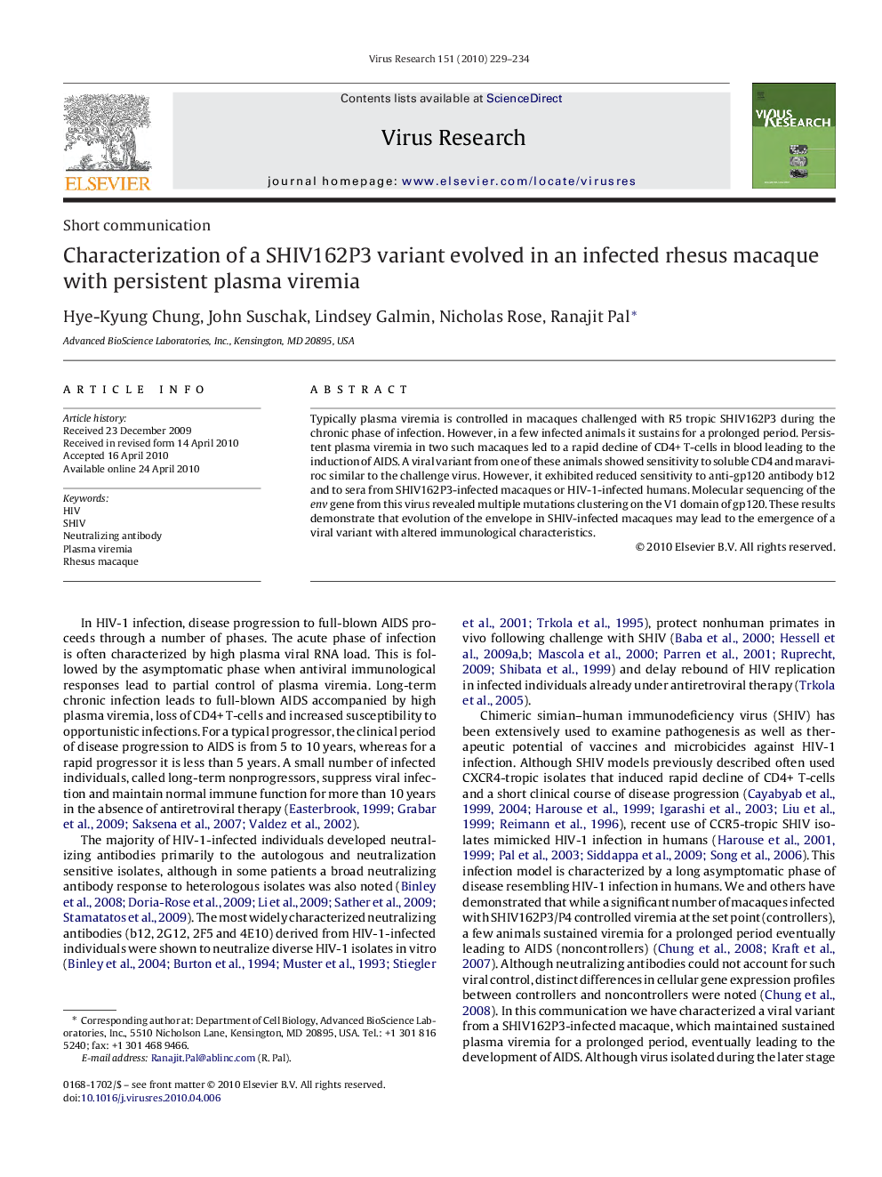 Characterization of a SHIV162P3 variant evolved in an infected rhesus macaque with persistent plasma viremia