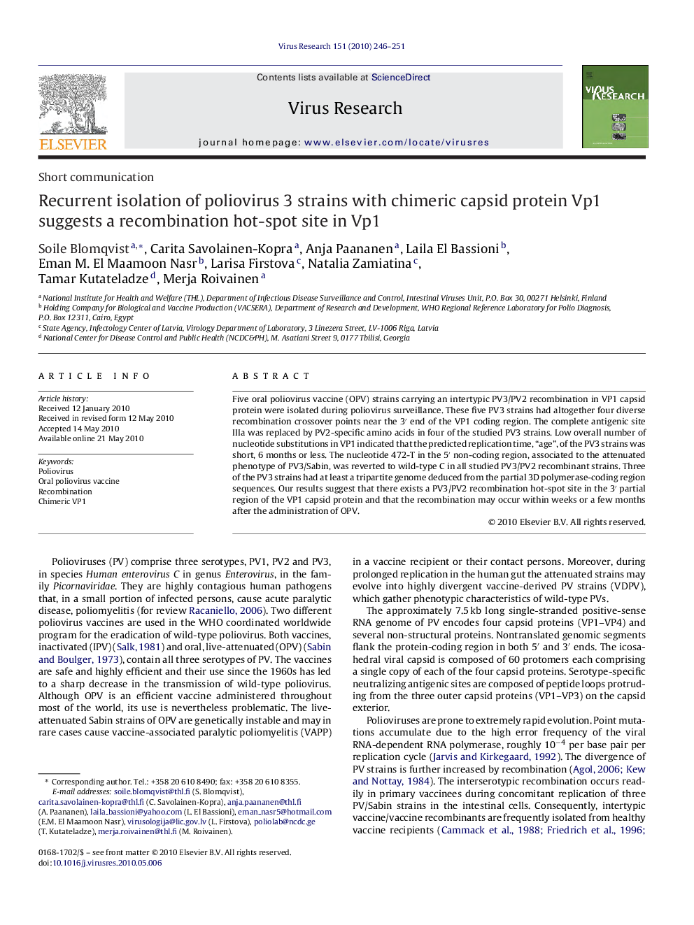 Recurrent isolation of poliovirus 3 strains with chimeric capsid protein Vp1 suggests a recombination hot-spot site in Vp1