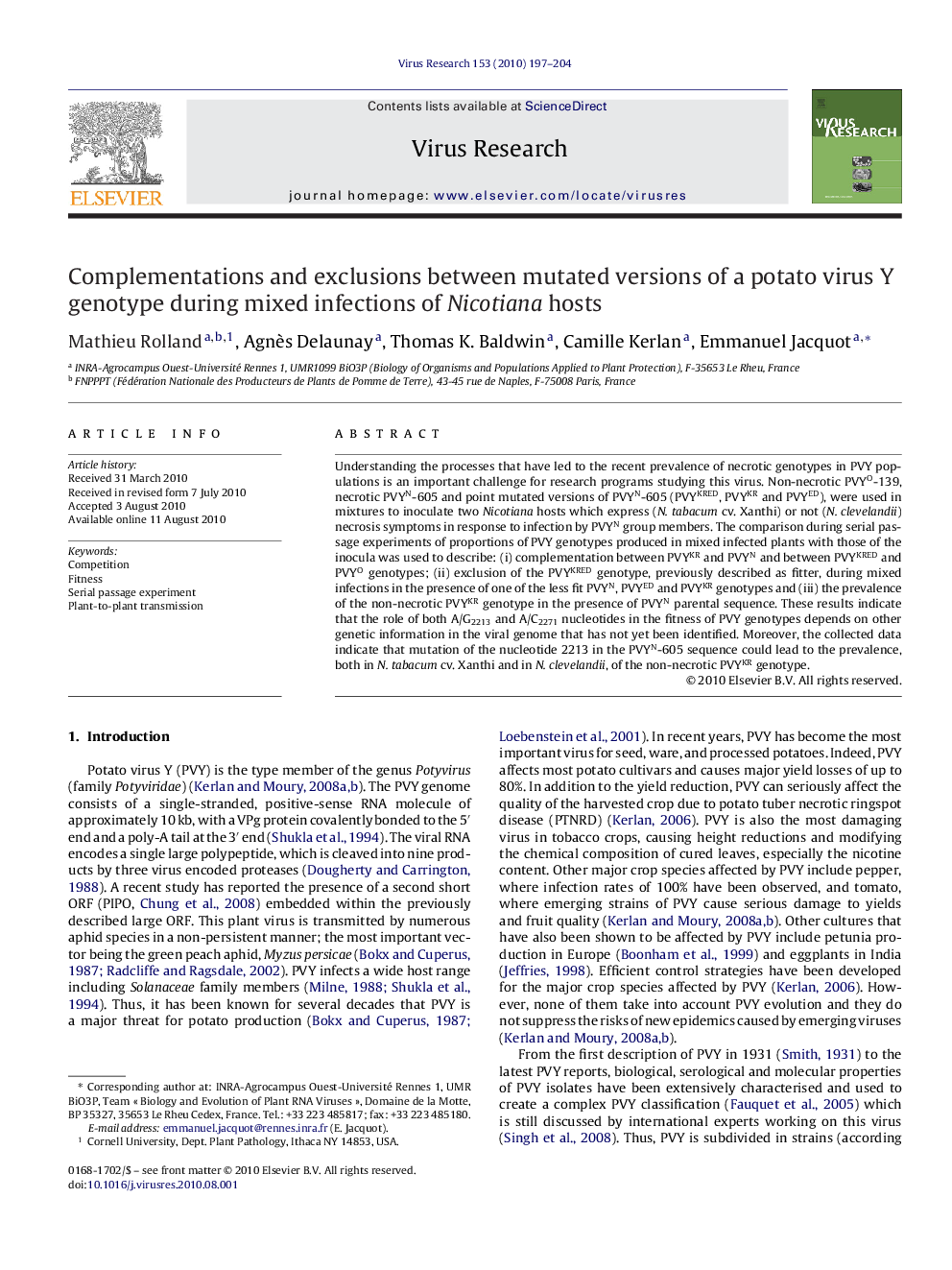 Complementations and exclusions between mutated versions of a potato virus Y genotype during mixed infections of Nicotiana hosts