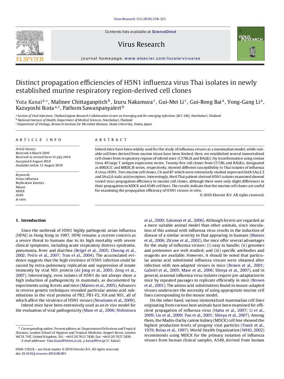 Distinct propagation efficiencies of H5N1 influenza virus Thai isolates in newly established murine respiratory region-derived cell clones