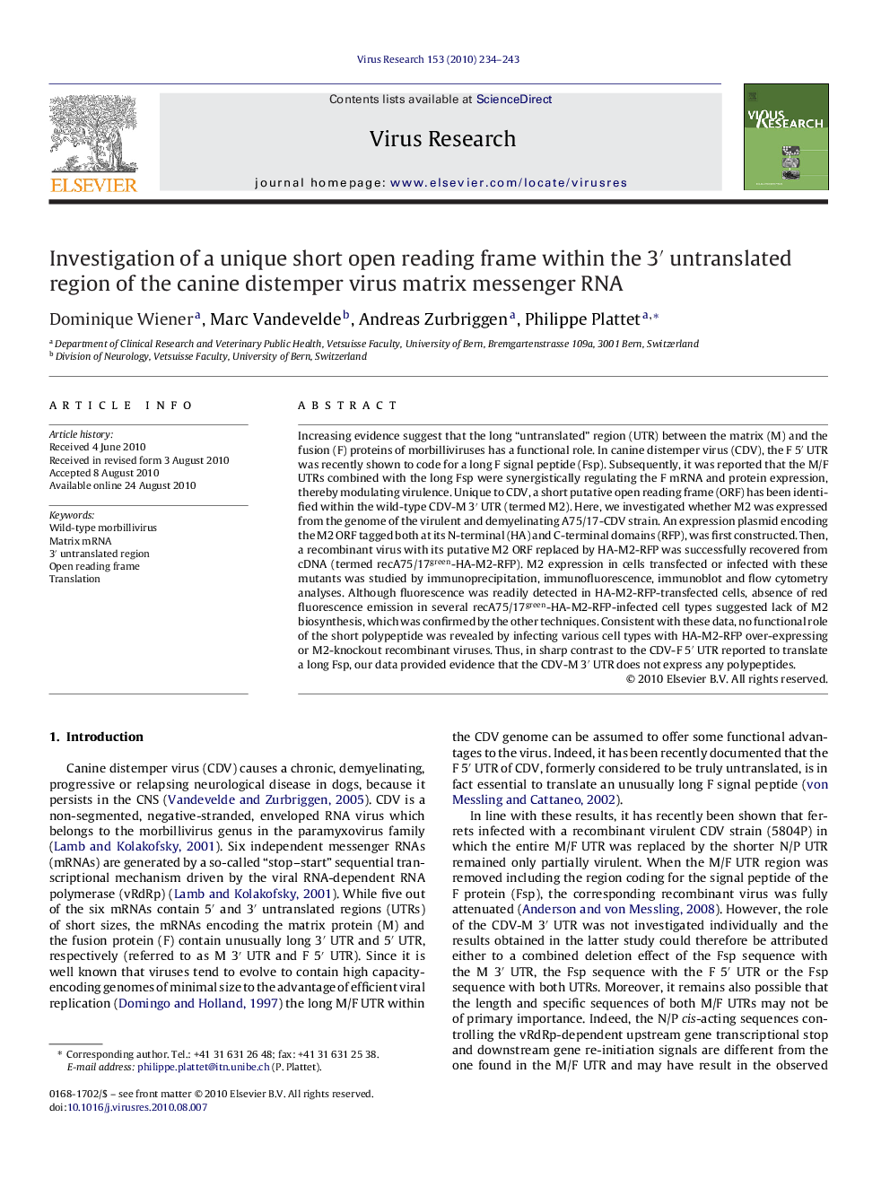 Investigation of a unique short open reading frame within the 3′ untranslated region of the canine distemper virus matrix messenger RNA