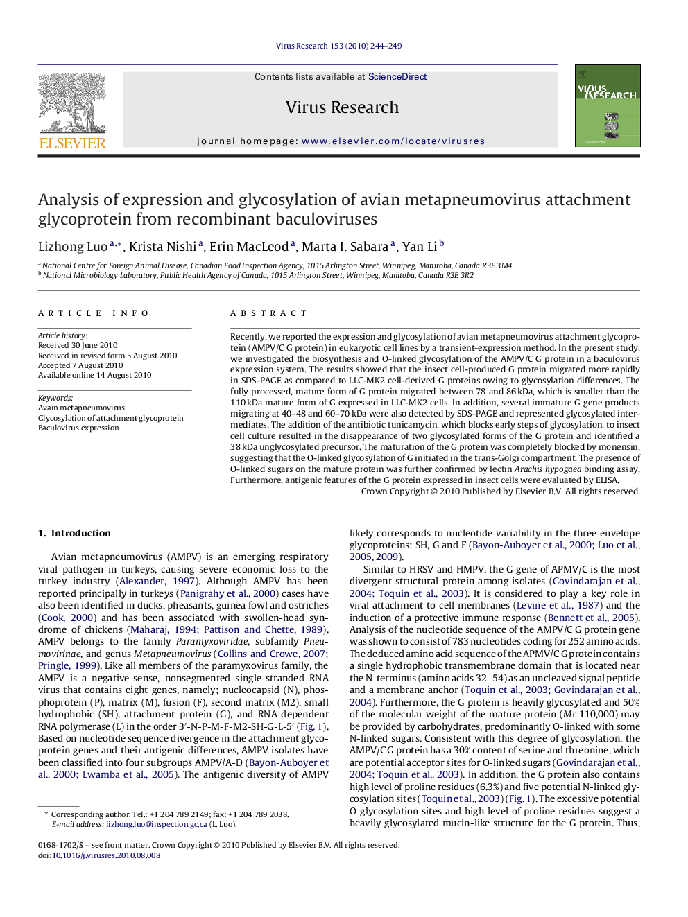 Analysis of expression and glycosylation of avian metapneumovirus attachment glycoprotein from recombinant baculoviruses