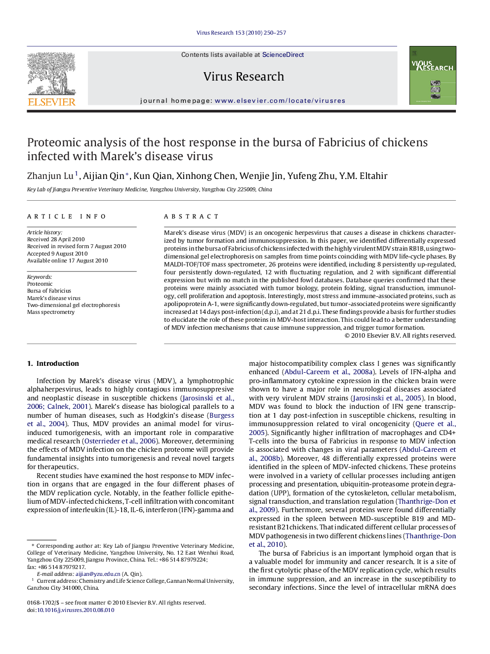 Proteomic analysis of the host response in the bursa of Fabricius of chickens infected with Marek's disease virus