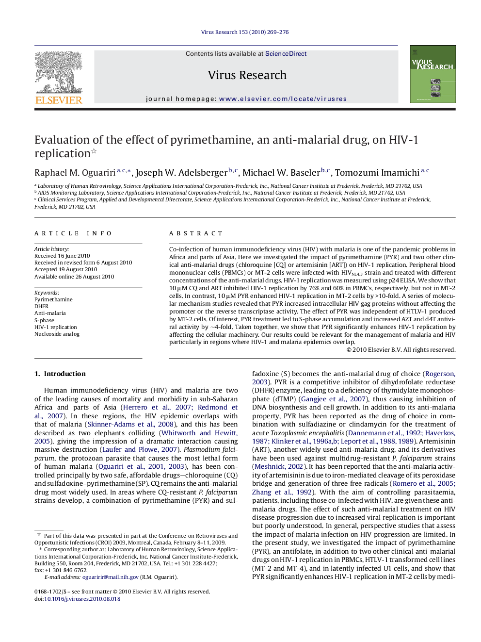 Evaluation of the effect of pyrimethamine, an anti-malarial drug, on HIV-1 replication 