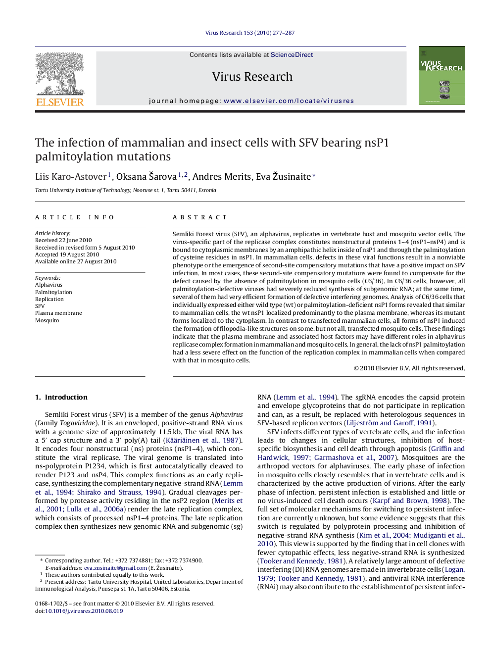 The infection of mammalian and insect cells with SFV bearing nsP1 palmitoylation mutations