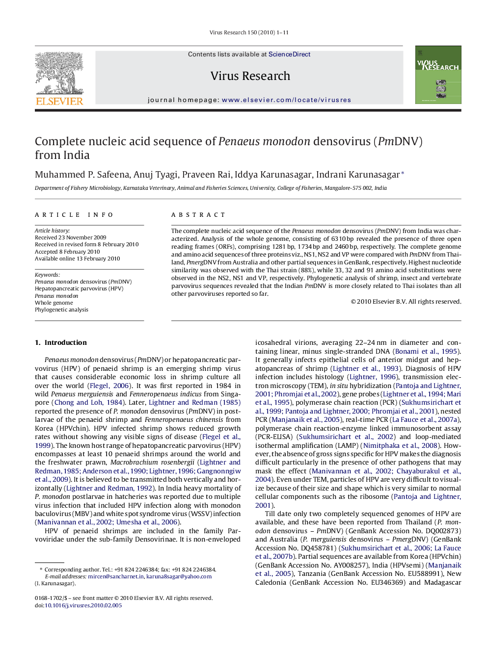 Complete nucleic acid sequence of Penaeus monodon densovirus (PmDNV) from India