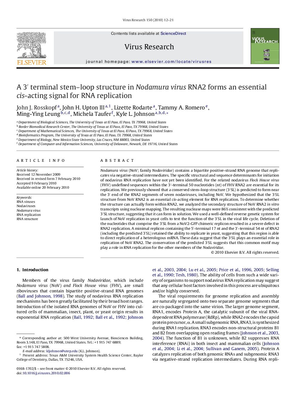 A 3′ terminal stem–loop structure in Nodamura virus RNA2 forms an essential cis-acting signal for RNA replication