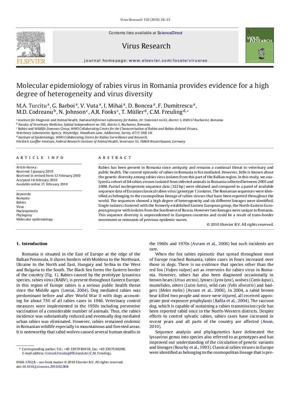 Molecular epidemiology of rabies virus in Romania provides evidence for a high degree of heterogeneity and virus diversity