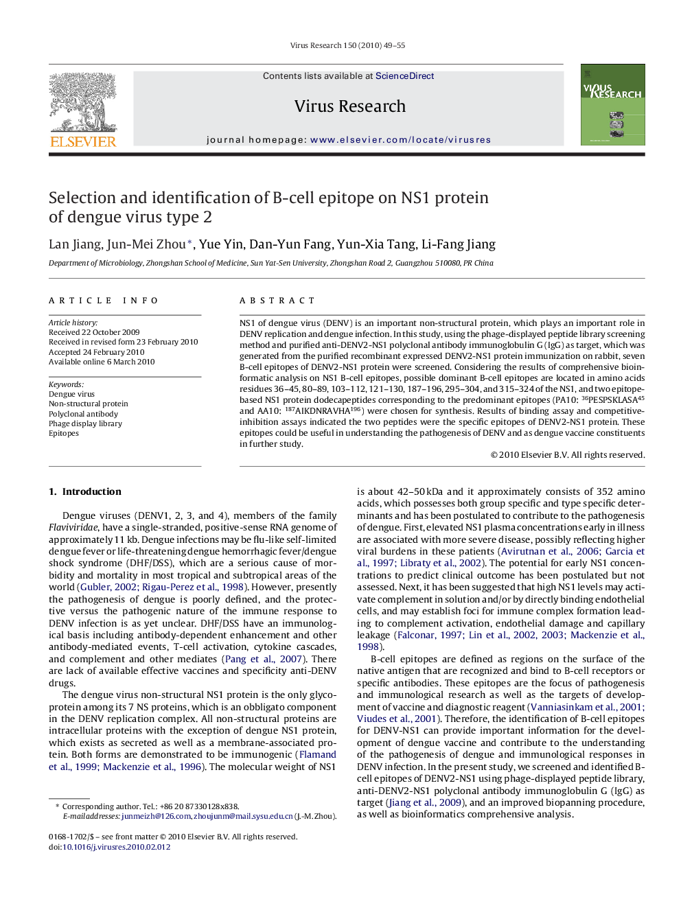 Selection and identification of B-cell epitope on NS1 protein of dengue virus type 2