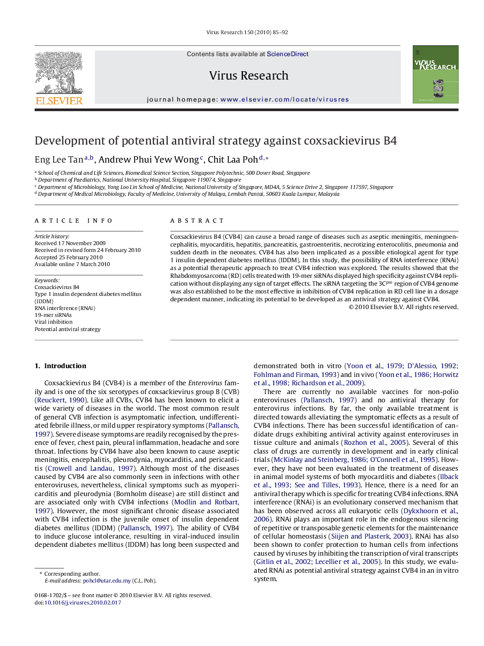 Development of potential antiviral strategy against coxsackievirus B4