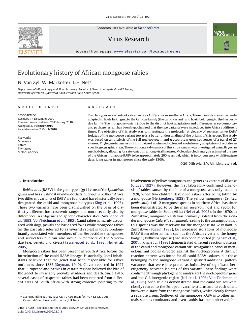 Evolutionary history of African mongoose rabies