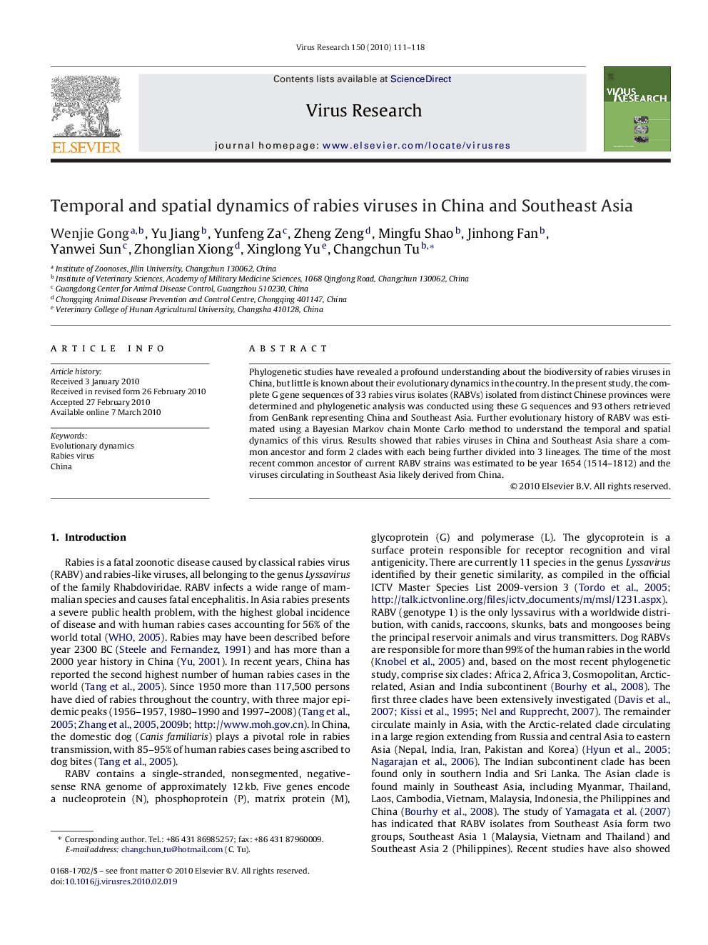 Temporal and spatial dynamics of rabies viruses in China and Southeast Asia