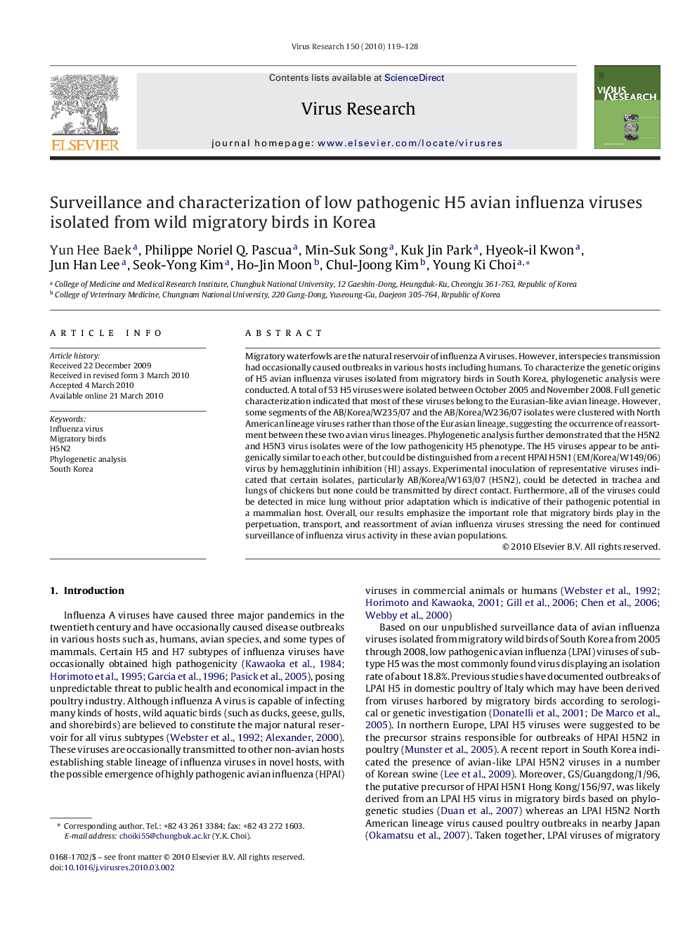 Surveillance and characterization of low pathogenic H5 avian influenza viruses isolated from wild migratory birds in Korea