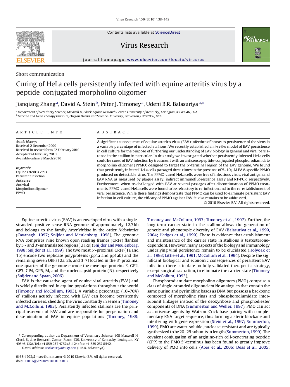 Curing of HeLa cells persistently infected with equine arteritis virus by a peptide-conjugated morpholino oligomer