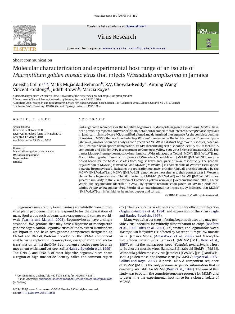 Molecular characterization and experimental host range of an isolate of Macroptilium golden mosaic virus that infects Wissadula amplissima in Jamaica