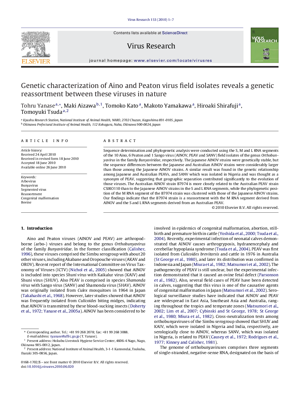 Genetic characterization of Aino and Peaton virus field isolates reveals a genetic reassortment between these viruses in nature