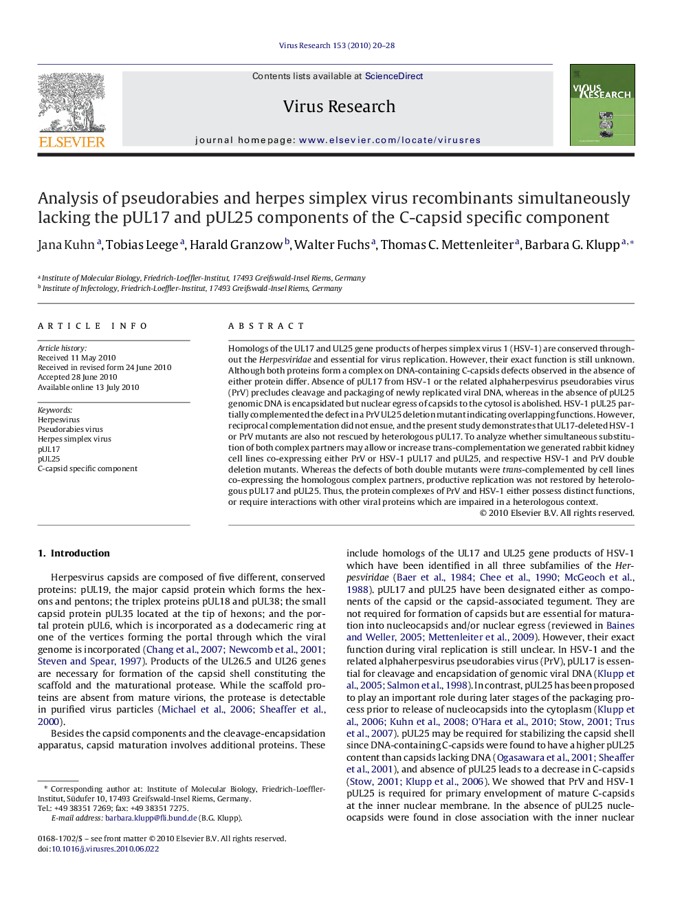 Analysis of pseudorabies and herpes simplex virus recombinants simultaneously lacking the pUL17 and pUL25 components of the C-capsid specific component