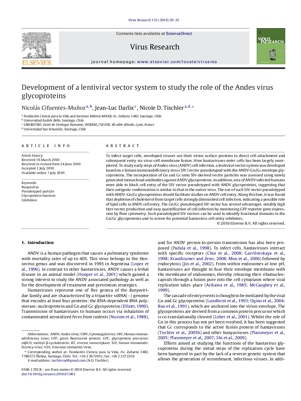 Development of a lentiviral vector system to study the role of the Andes virus glycoproteins