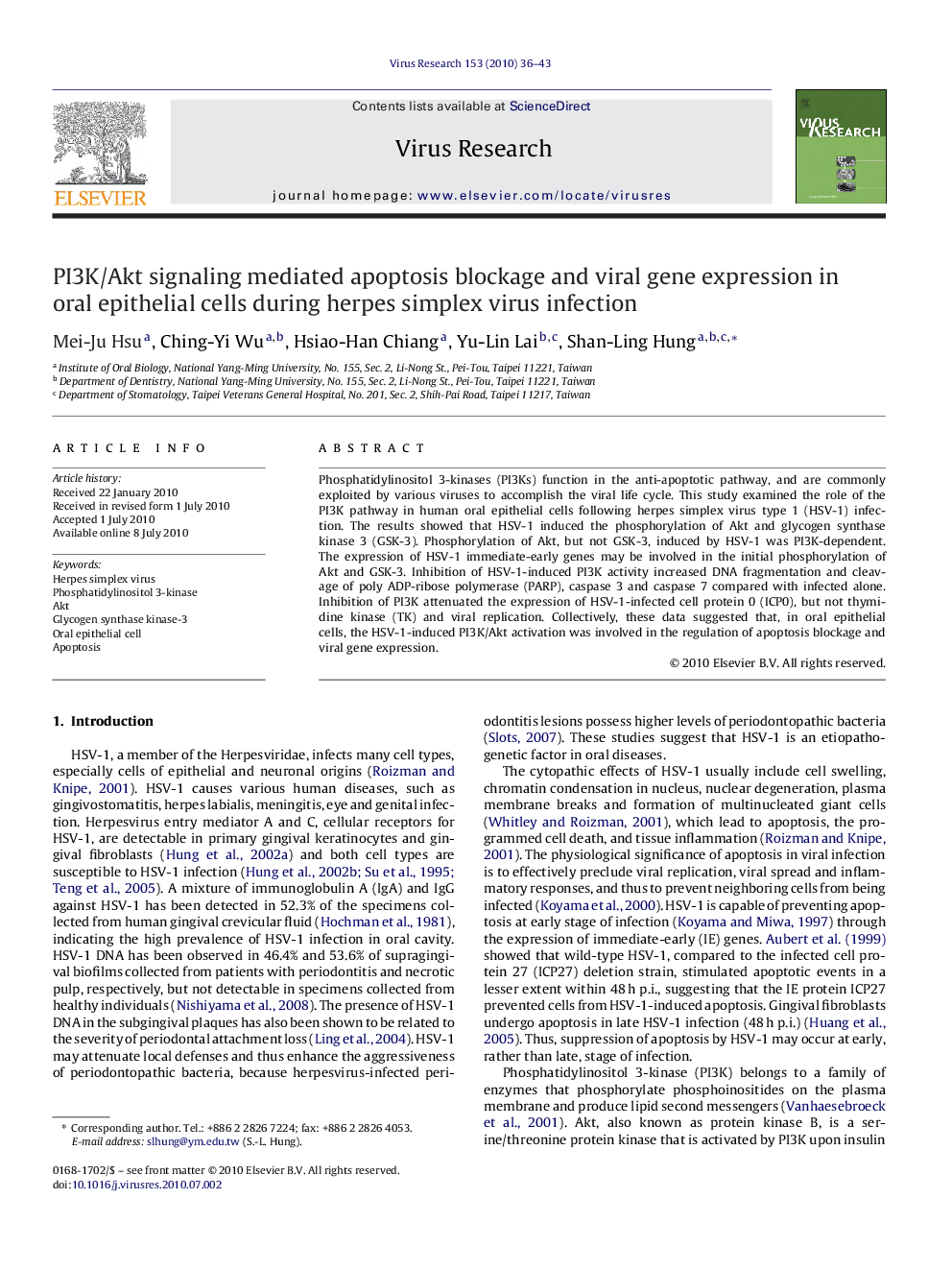 PI3K/Akt signaling mediated apoptosis blockage and viral gene expression in oral epithelial cells during herpes simplex virus infection