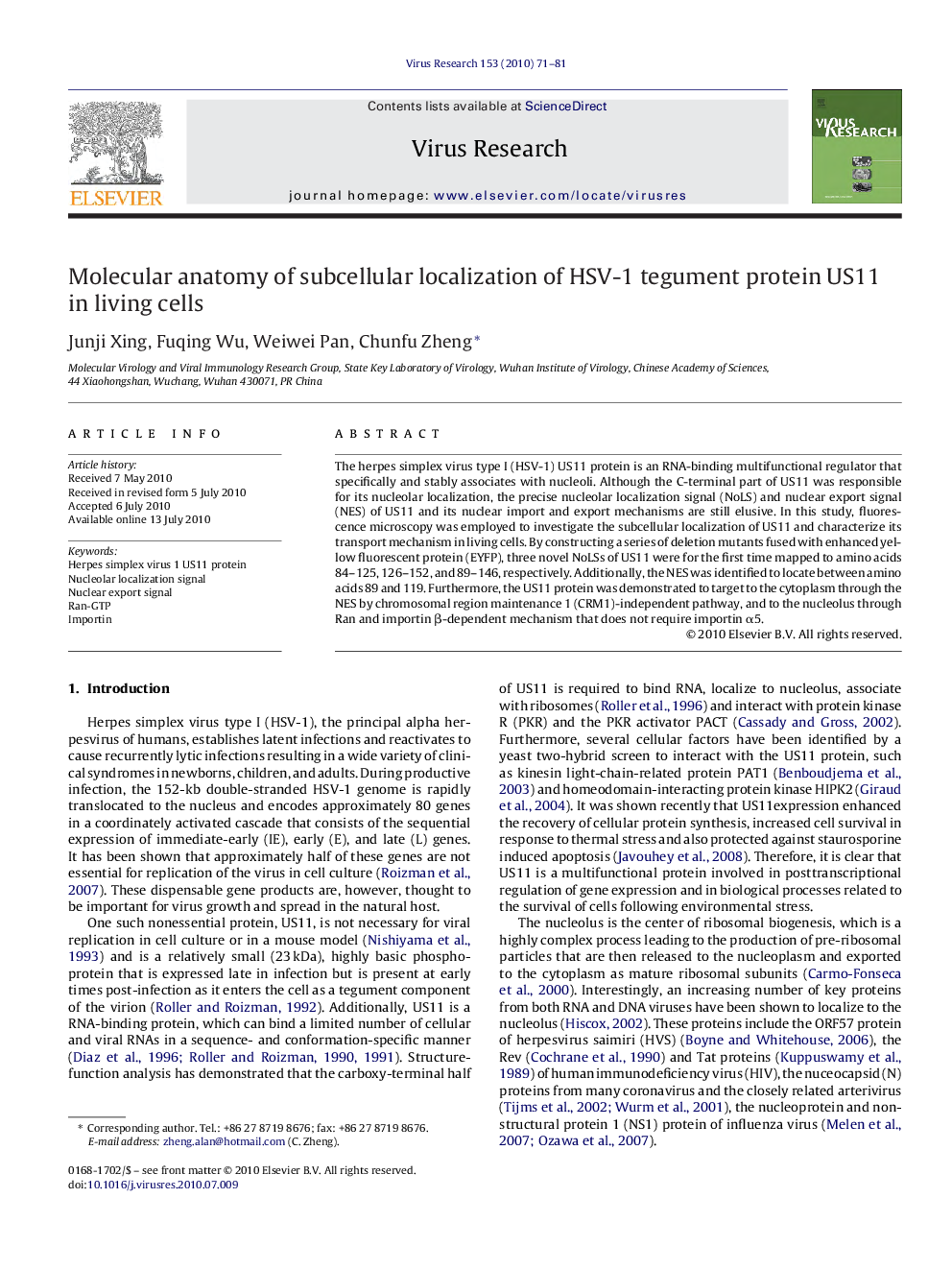 Molecular anatomy of subcellular localization of HSV-1 tegument protein US11 in living cells