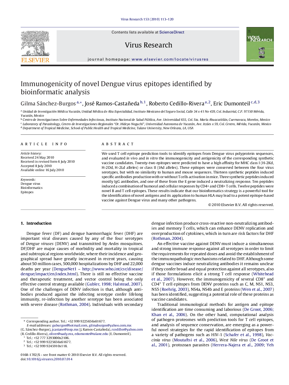 Immunogenicity of novel Dengue virus epitopes identified by bioinformatic analysis