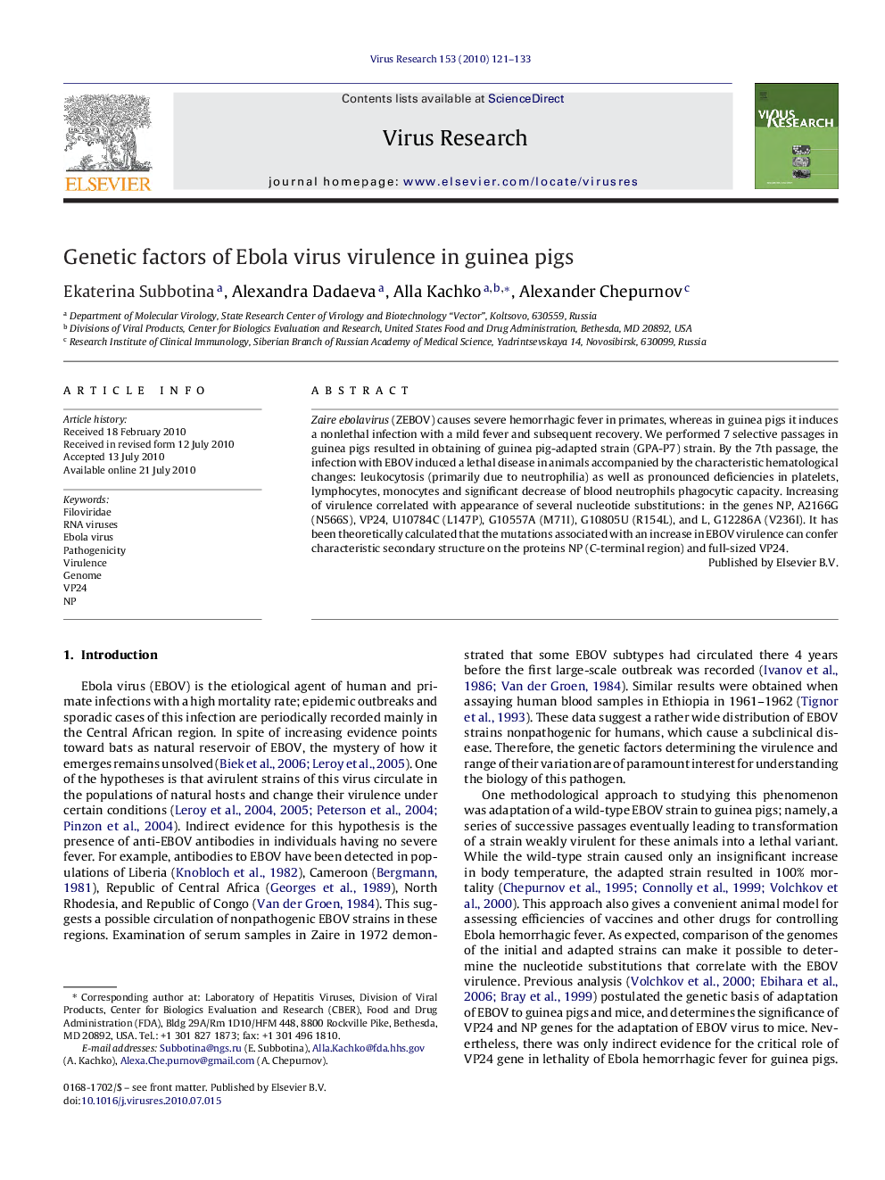 Genetic factors of Ebola virus virulence in guinea pigs