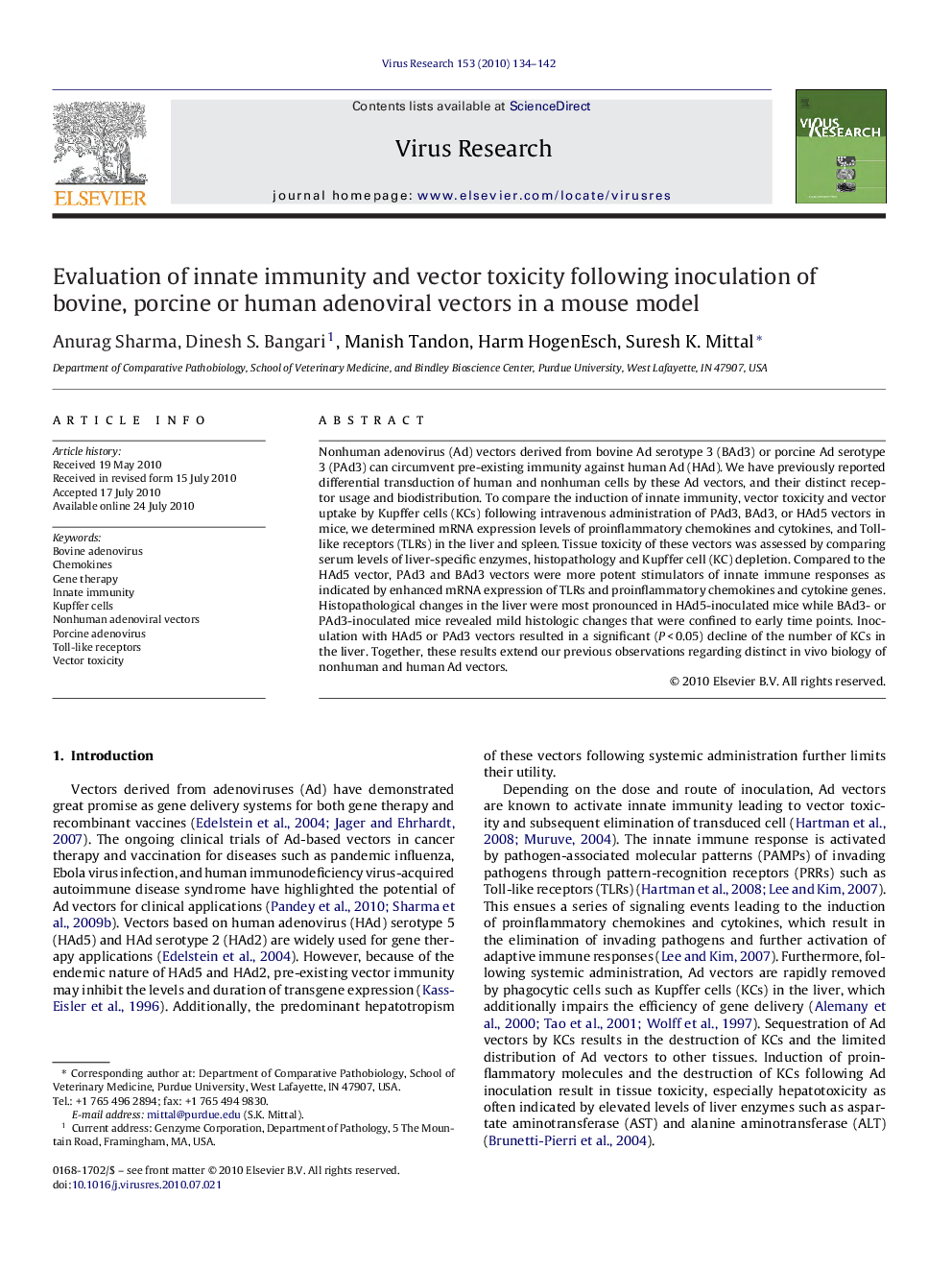 Evaluation of innate immunity and vector toxicity following inoculation of bovine, porcine or human adenoviral vectors in a mouse model