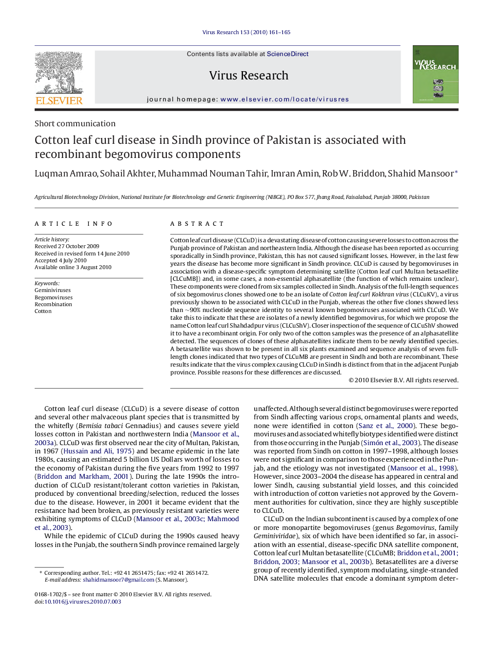 Cotton leaf curl disease in Sindh province of Pakistan is associated with recombinant begomovirus components