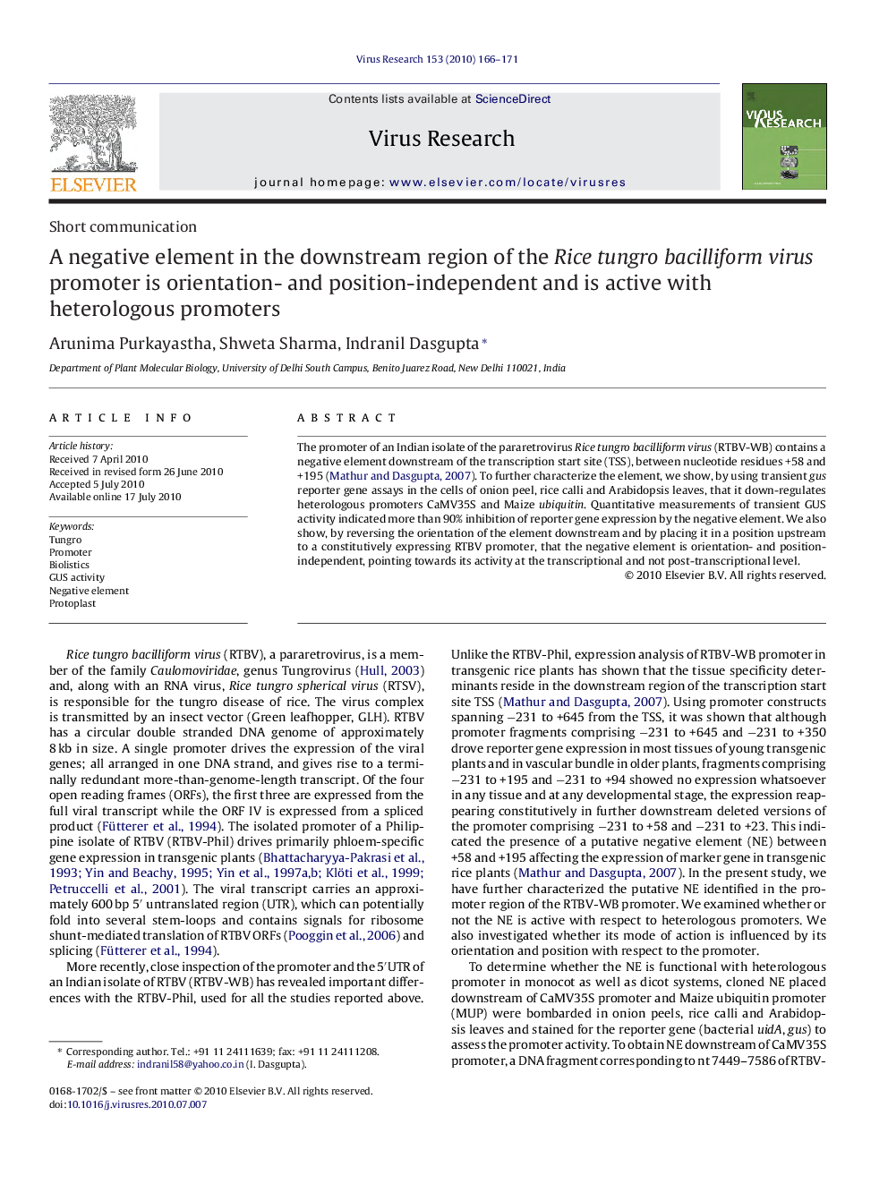 A negative element in the downstream region of the Rice tungro bacilliform virus promoter is orientation- and position-independent and is active with heterologous promoters