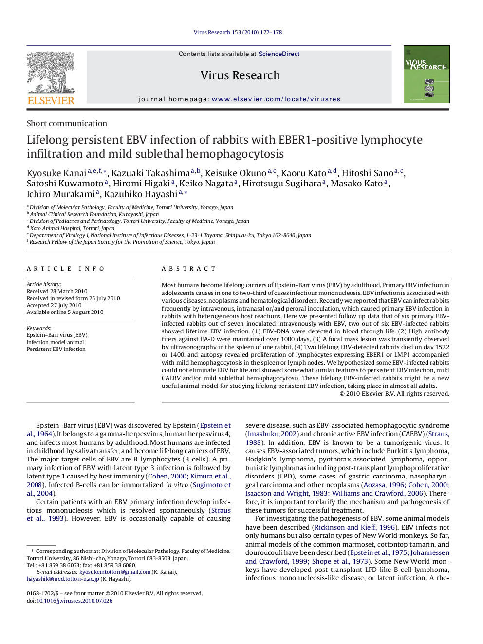 Lifelong persistent EBV infection of rabbits with EBER1-positive lymphocyte infiltration and mild sublethal hemophagocytosis