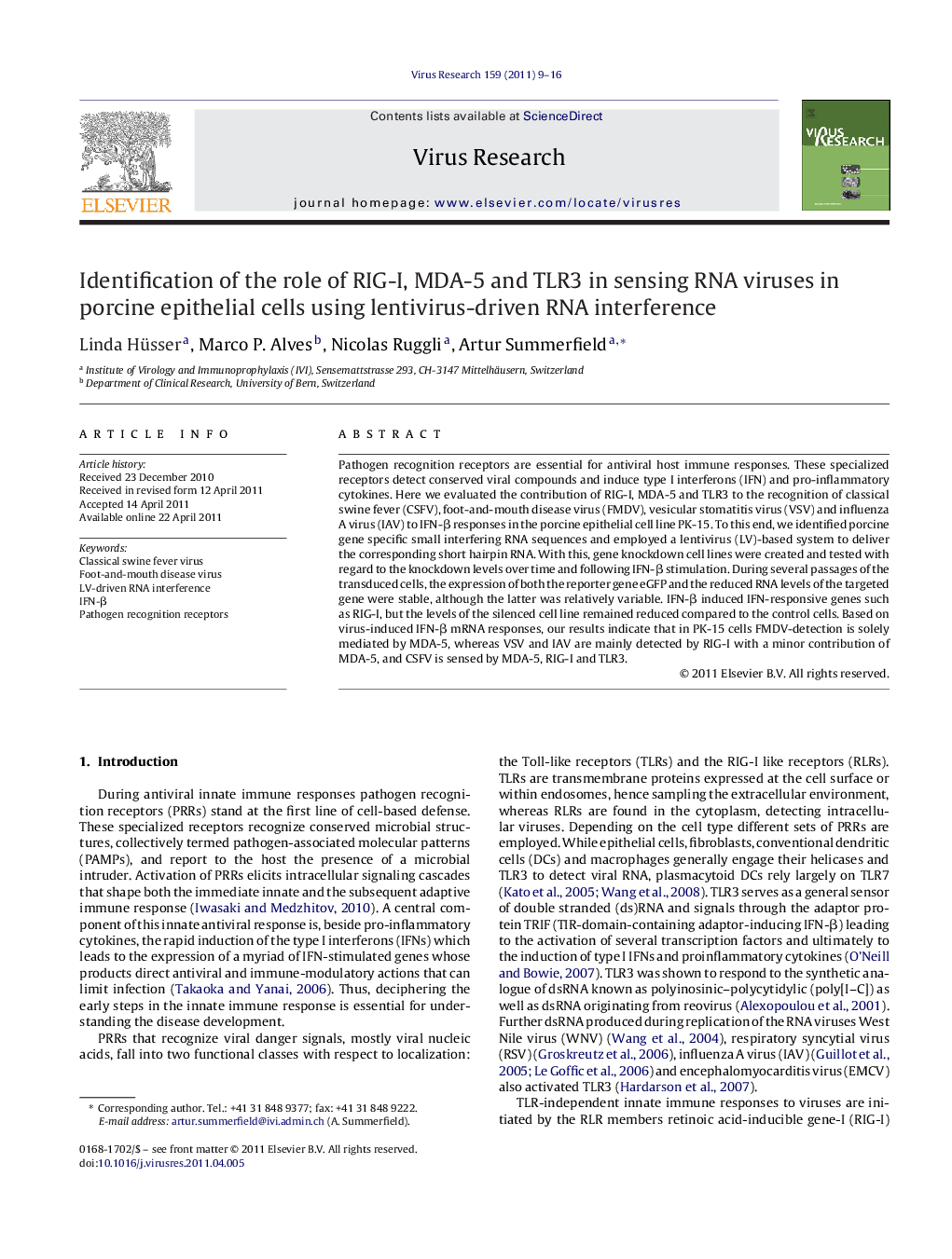 Identification of the role of RIG-I, MDA-5 and TLR3 in sensing RNA viruses in porcine epithelial cells using lentivirus-driven RNA interference