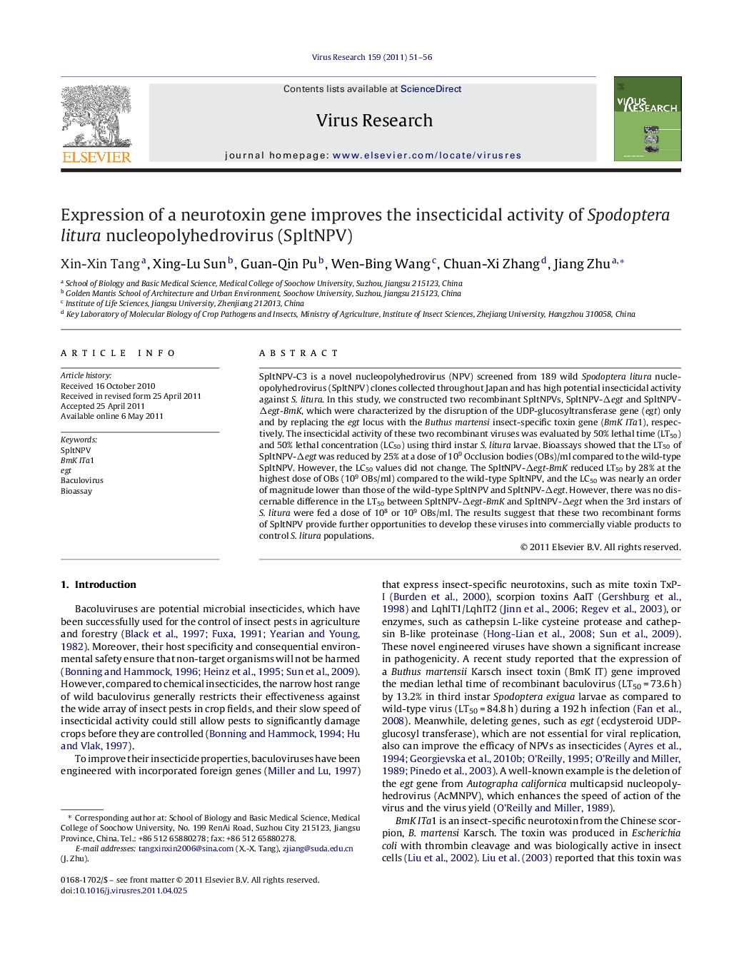 Expression of a neurotoxin gene improves the insecticidal activity of Spodoptera litura nucleopolyhedrovirus (SpltNPV)