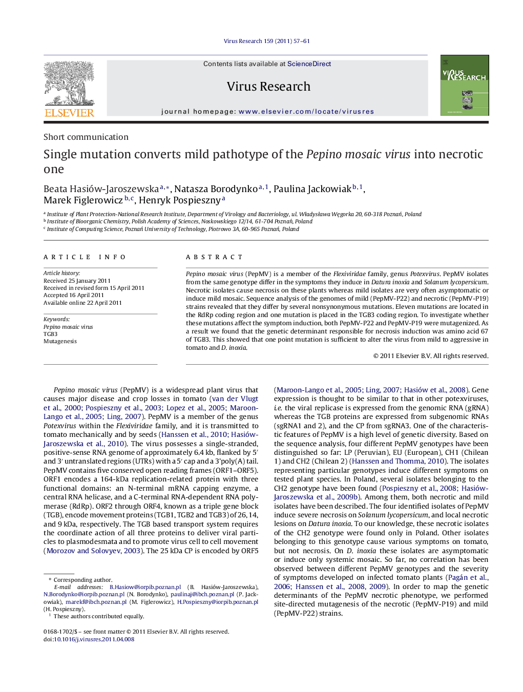 Single mutation converts mild pathotype of the Pepino mosaic virus into necrotic one