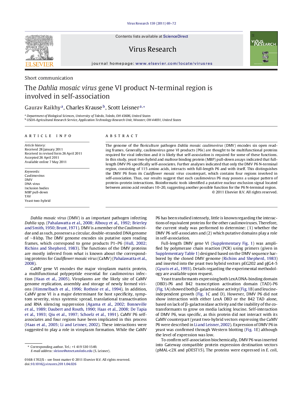 The Dahlia mosaic virus gene VI product N-terminal region is involved in self-association