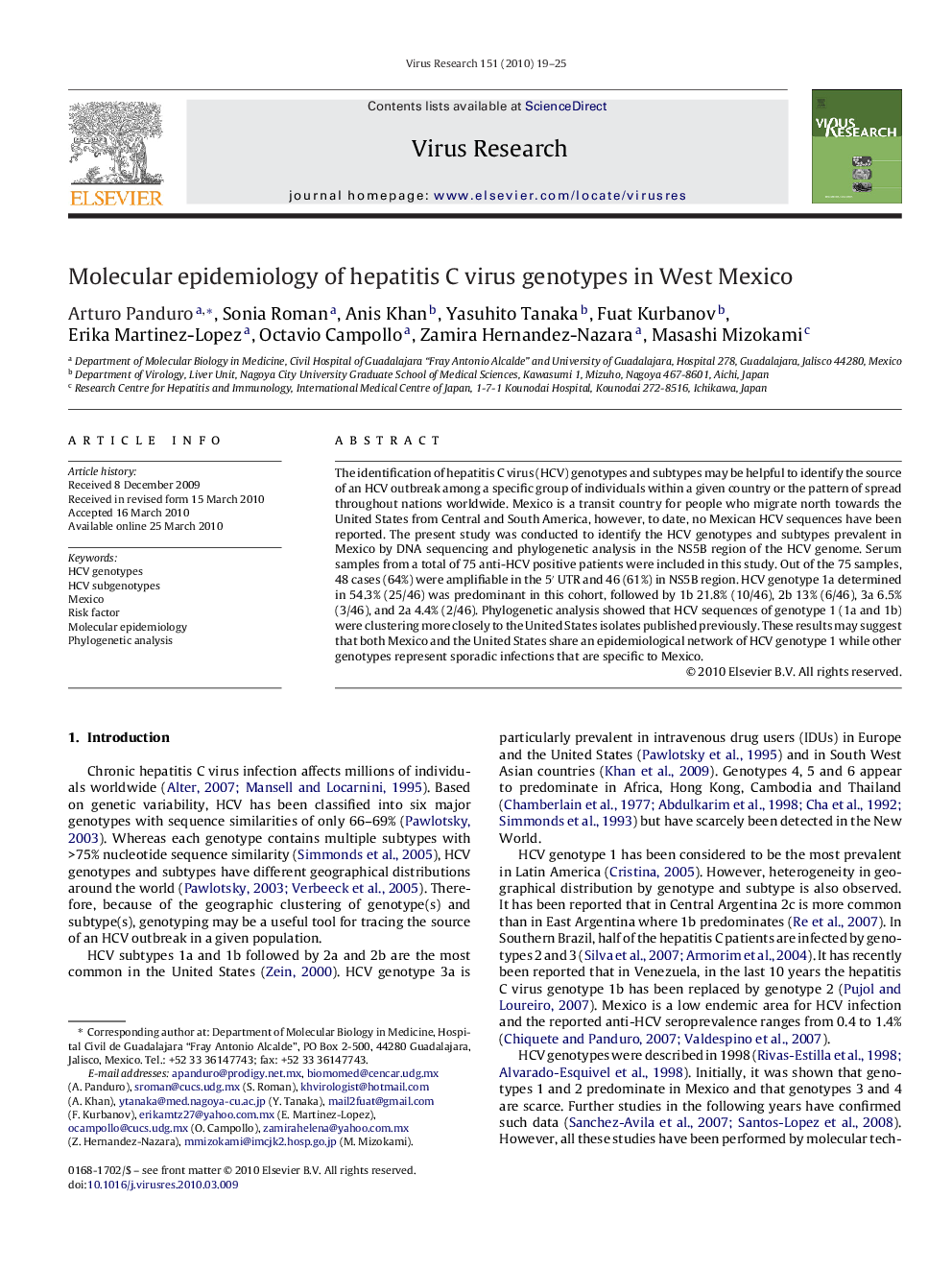 Molecular epidemiology of hepatitis C virus genotypes in West Mexico