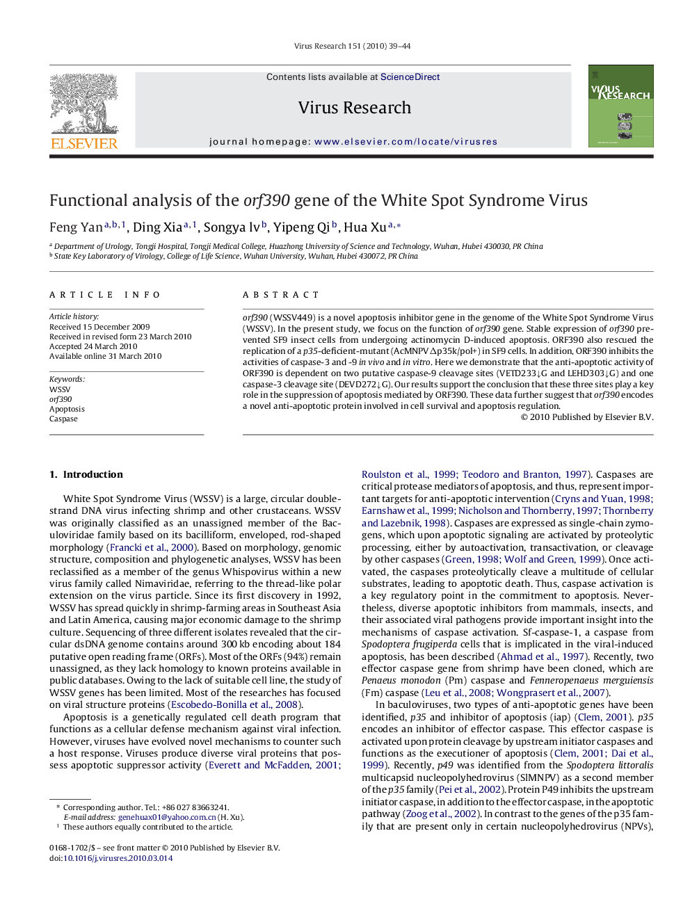 Functional analysis of the orf390 gene of the White Spot Syndrome Virus