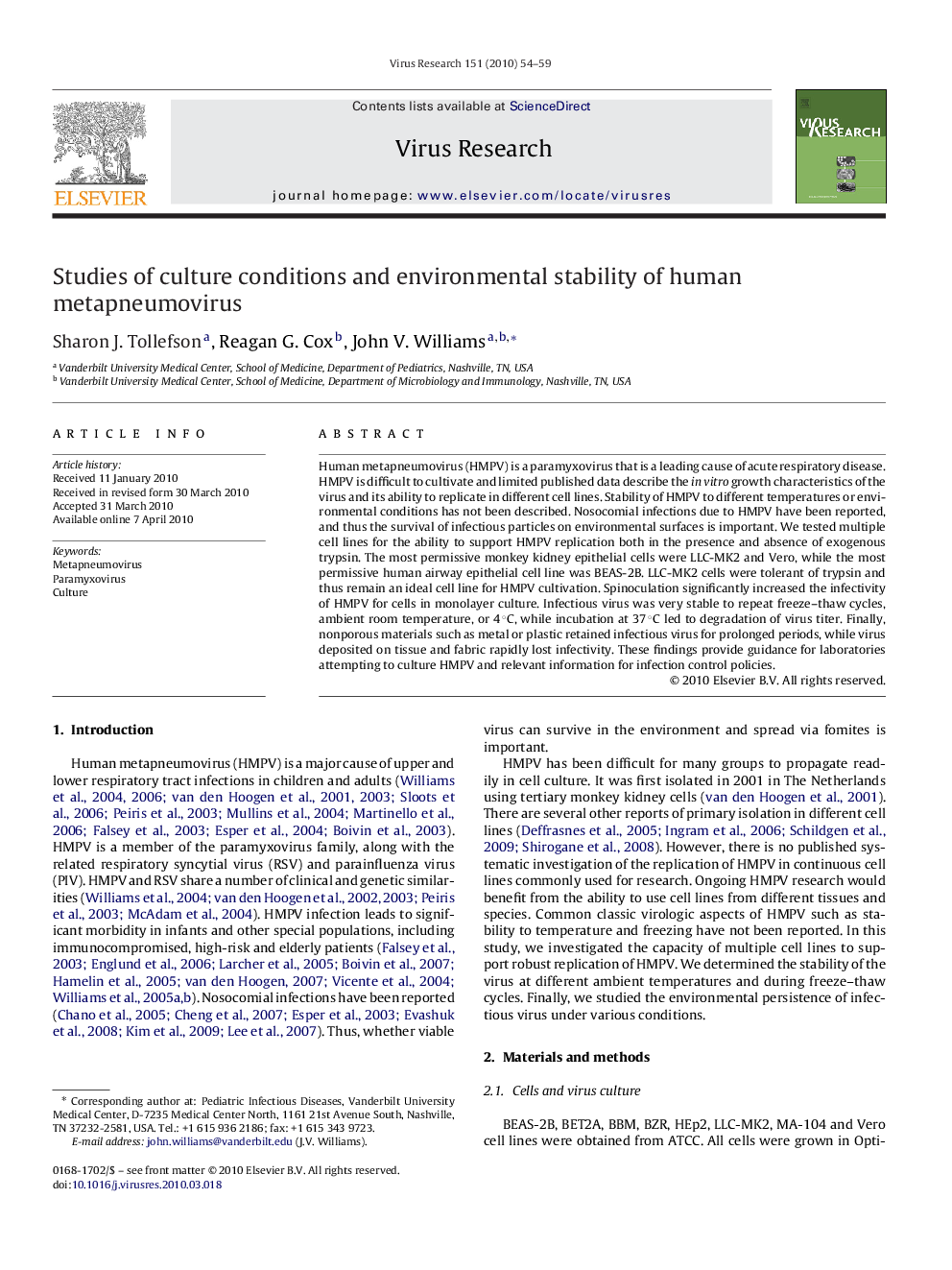 Studies of culture conditions and environmental stability of human metapneumovirus