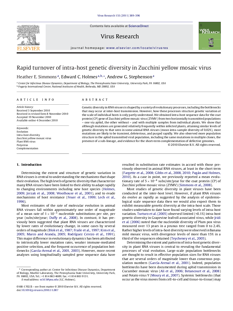 Rapid turnover of intra-host genetic diversity in Zucchini yellow mosaic virus